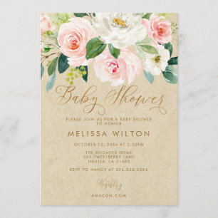 Blush Pink Waterverf Floral Kraft Baby shower Kaart