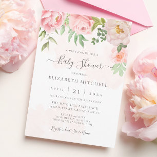 Blush Pink Waterverf Floral Peony Baby shower Kaart