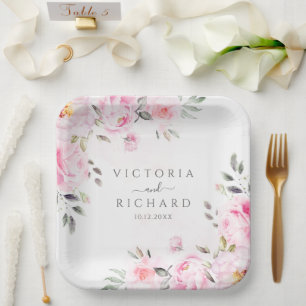 Blush Pink Waterverf Floral Peony Wedding Papieren Bordje