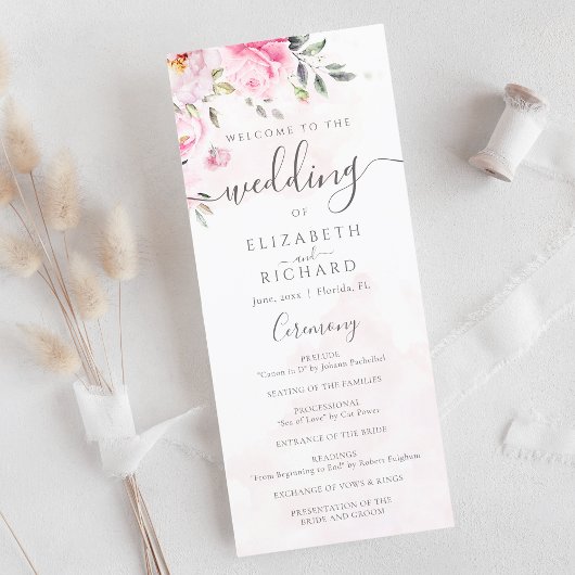 Blush Pink Waterverf Floral Peony Wedding Programma