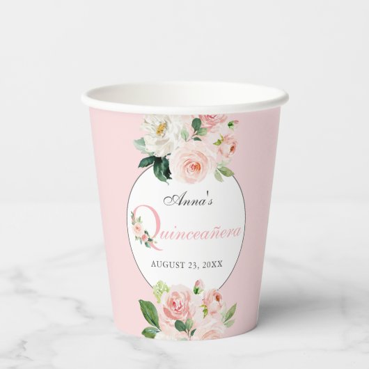 Blush Pink Waterverf Floral Quinceanera Papieren Bekers (Achterkant)