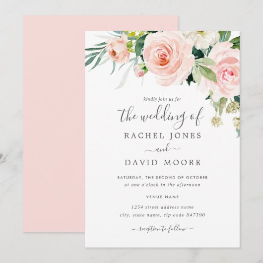Blush Pink Waterverf Floral Wedding Kaart (Voorkant / Achterkant)