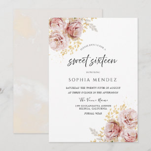 Blush Pink Waterverf Flowers Lovely Sweet Sixteen Kaart