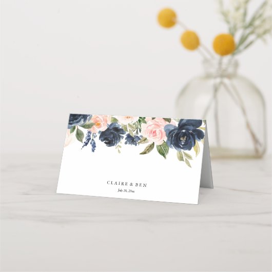 Blush Pink Waterverf Flowers Navy Wedding (Voorkant)
