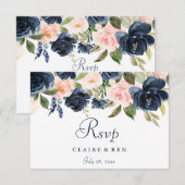 Blush Pink Waterverf Flowers Navy Wedding RSVP Kaartje (Voorkant / Achterkant)