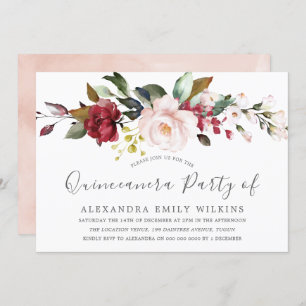 Blush Pink Waterverf Flowers Quinceanera Party Kaart