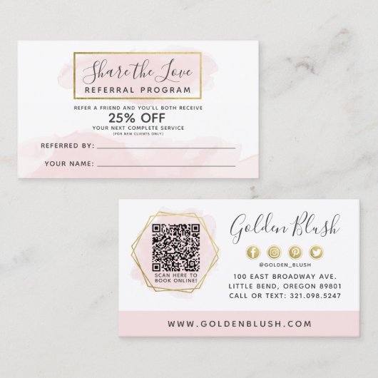 Blush Pink Waterverf & Gold Reference Program QR Visitekaartje (Voorkant / Achterkant)