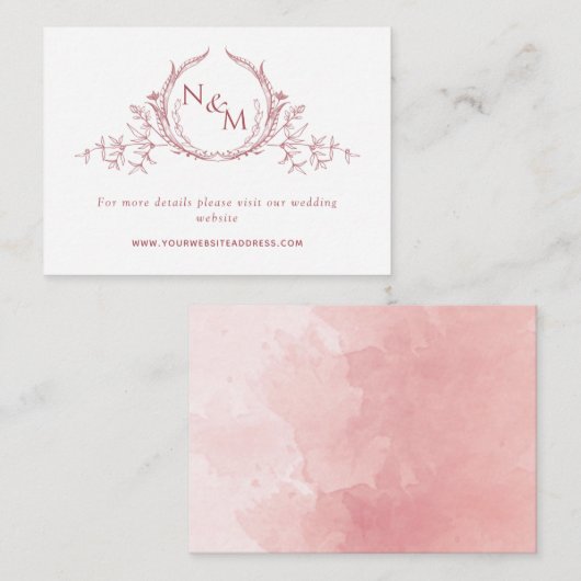 Blush Pink Waterverf Monogram Weddenschap Website Informatiekaartje (Voorkant / Achterkant)