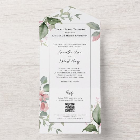 Blush Pink Waterverf Wedding Floral All In One Uitnodiging (Binnen)