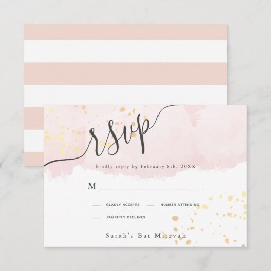 Blush Pink Waterverf x Gold Spletters Bat Mitzvah RSVP Kaartje (Voorkant / Achterkant)