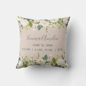 Blush Pink White Floral Baby Script Geboortestatis Kussen (Achterkant)
