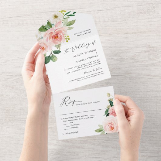 Blush Pink White Floral Budget Weddenschap All In One Uitnodiging (Afscheurbaar)