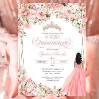 Blush Pink White Flowers Elegant Gown Quinceañera Kaart