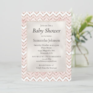 Blush Pink White Glam Glitter Zig Zag Baby shower Kaart