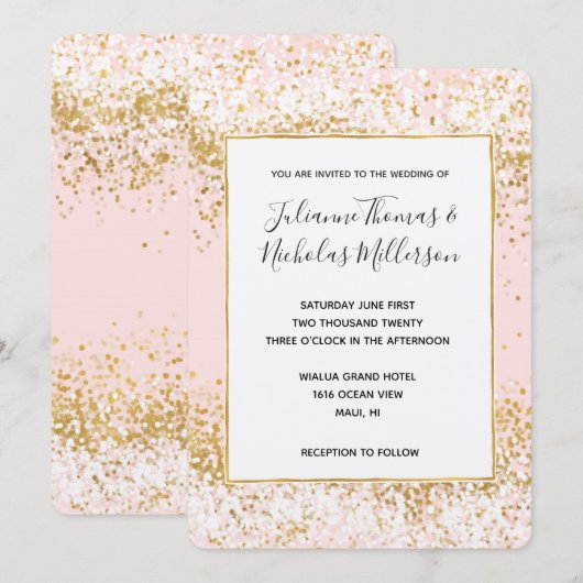 Blush Pink White Gold Confetti Wedding Invites Kaart (Voorkant / Achterkant)