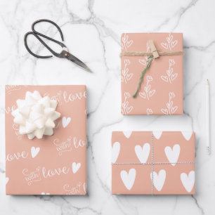 Blush Pink White Hearts Floral met Love Inpakpapier Vel