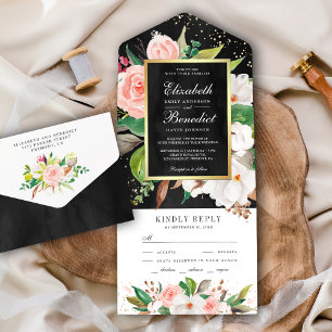 Blush Pink White Magnolia Floral Black Wedding All In One Uitnodiging