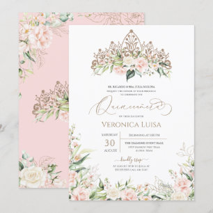 Blush Pink White Rose Floral Elegant Quinceanera Kaart