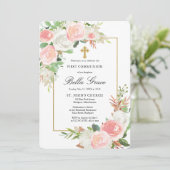 Blush Pink White Rose Floral First Heilige Communi Kaart (Staand voorkant)