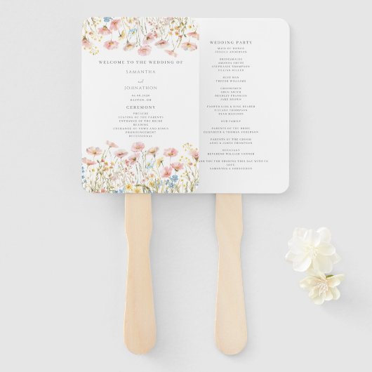 Blush Pink Wildflower Wedding Program Hand Fan Handwaaier (Voorkant en achterkant)