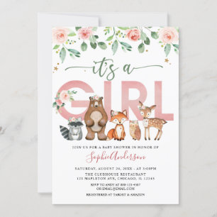 Blush Pink Woodland animals Girl Baby shower Kaart