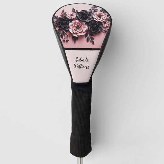 Blush Pink Zwart 3D Bloemen Monogram Golfheadcover (Voorkant)