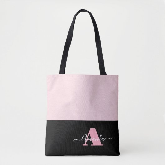 Blush Pink Zwart Wit Monogram Script Modern Draagtas (Voorkant)