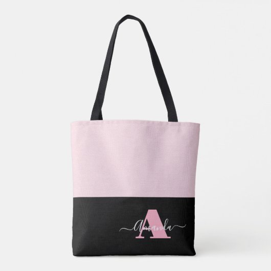 Blush Pink Zwart Wit Monogram Script Modern Draagtas (Achterkant)
