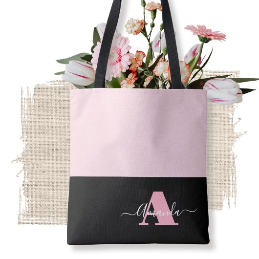 Blush Pink Zwart Wit Monogram Script Modern Draagtas