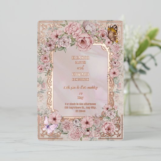  Blush Pioen Bruiloft Folie Uitnodiging (Staand Voorkant)