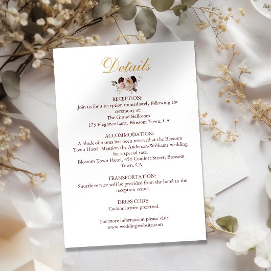 Blush Pioen & Goud Bourgondië Bloemen bruiloft Det Informatiekaartje