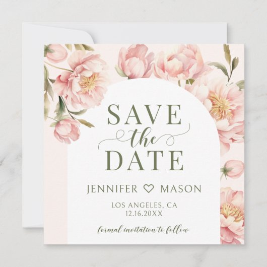 Blush pioenen bloemenboog Bewaar de datum uitnodig Kaart (Voorkant)