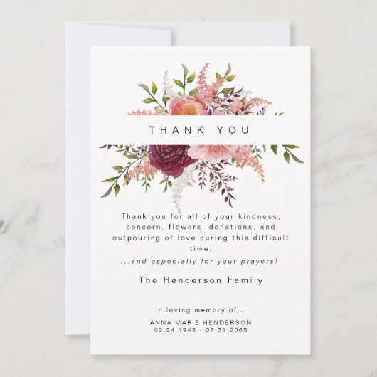 Blush Pioenrozen Bloemen Rouw Begrafenis Dank u Bedankkaart (Voorkant)