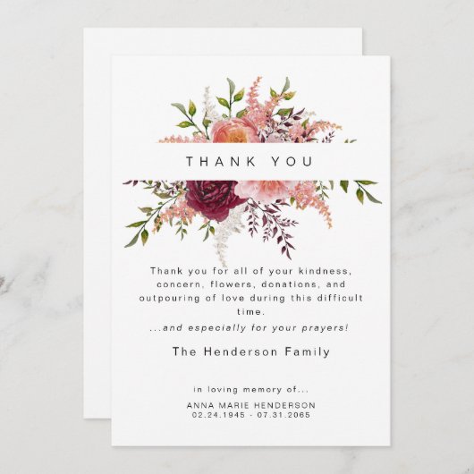 Blush Pioenrozen Bloemen Rouw Begrafenis Dank u Bedankkaart (Voorkant / Achterkant)