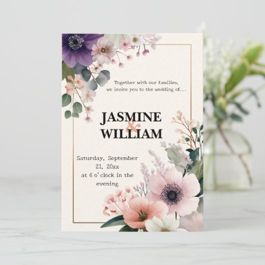 🌹 Blush & Plum Bloemen bruiloft uitnodiging 💐💒 (Staand voorkant)