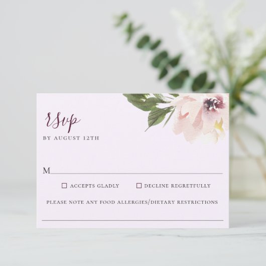 Blush Plum Bloemen Bruiloft Voedsel Allergie RSVP  (Staand voorkant)
