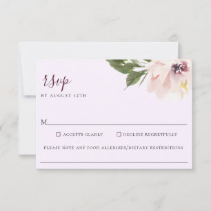 Blush Plum Bloemen Bruiloft Voedsel Allergie RSVP  Kaartje