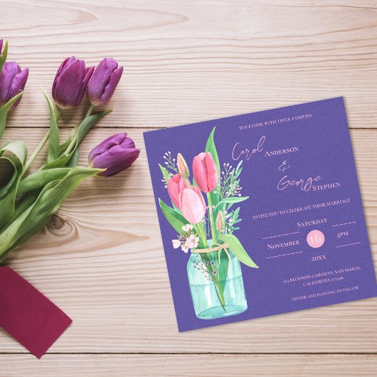 Blush & Purple Floral Mason Jar Wedding Invitation