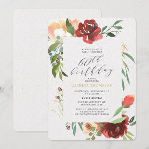 Blush Red Floral 60ste Verrassing Verjaardagsfeest Kaart