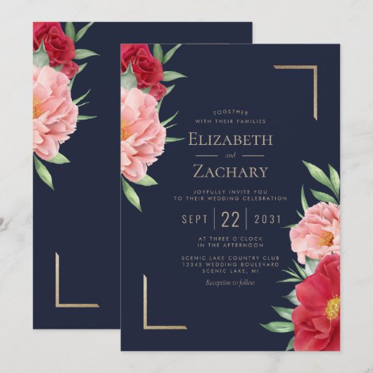 Blush Red Floral Navy Blue Gold Wedding Kaart (Voorkant / Achterkant)