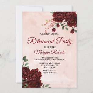 Blush Red Rose Floral Retirement Party Invite Kaart