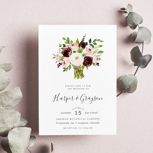 Blush Romance Bouquet Wedding Invitation Kaart