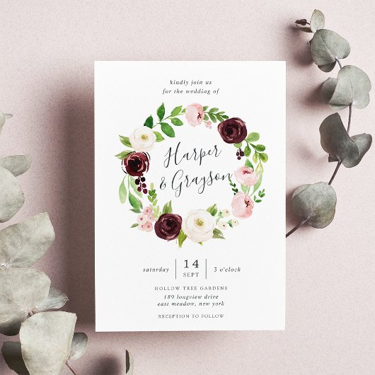 Blush Romance Wreath Wedding Invitation Kaart