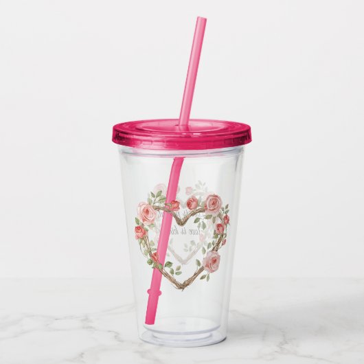 Blush Romantisch Roos Bloemen Hart Liefde Acryl Drinkbeker (Achterkant)