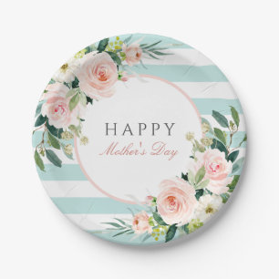 Blush Roos Bloemen en Strepen Moederdag Papieren Bordje