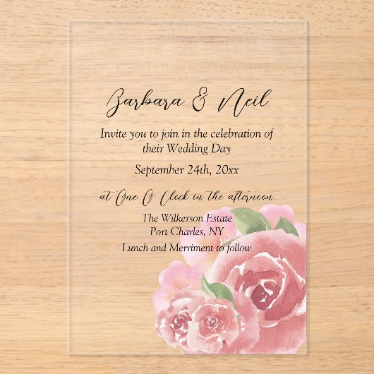 Blush Roos botanisch Acryl Uitnodigingen (Voorkant)