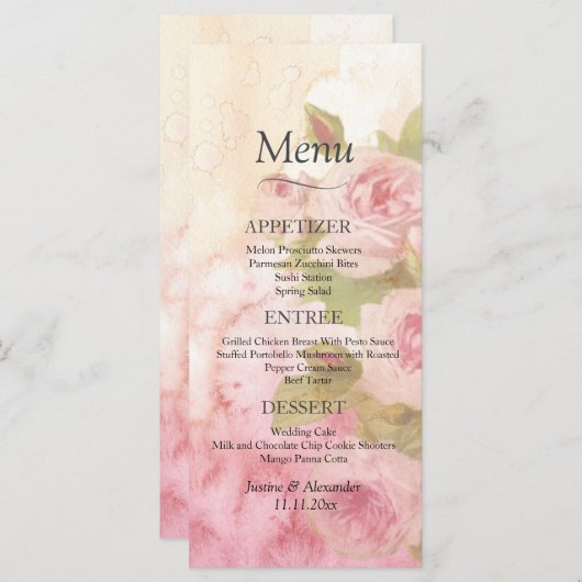 Blush Roos Botanische bruiloft Menu (Voorkant / Achterkant)