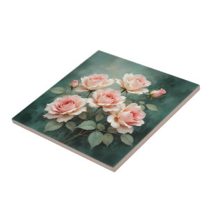 Blush Roos Elegantie op Diepe Jade Tegeltje