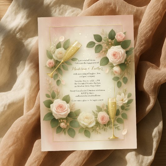 Blush Roos en gouden champagne verlovingsfeest Kaart
