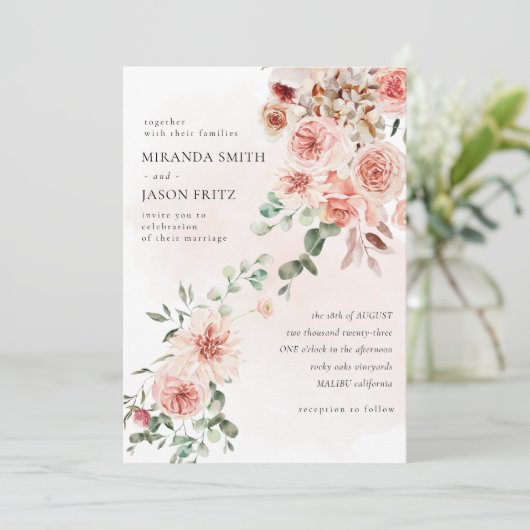 Blush Roos Eucalyptus Greenery Foliage Weddenschap Kaart (Staand voorkant)